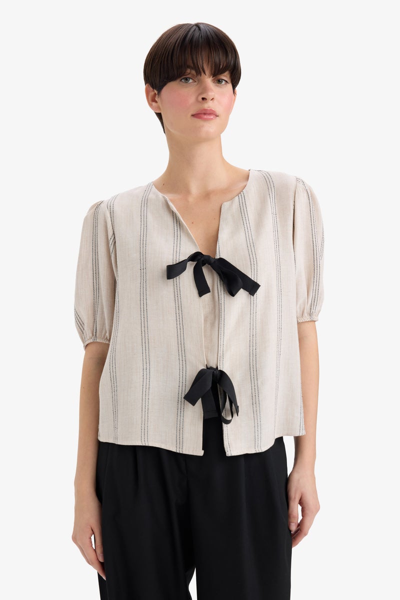 DeFacto Beige Woman Regular Fit Crew Neck Linen Blend Blouse Casual - Image 4